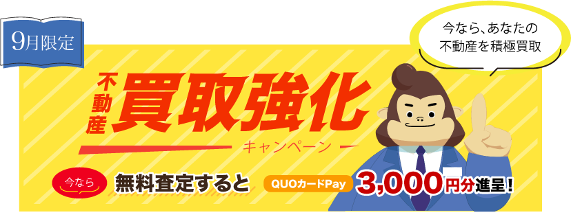 9月限定 不動産買取強化キャンペーン。今なら無料査定するとQUOカードPay 3,000円分進呈